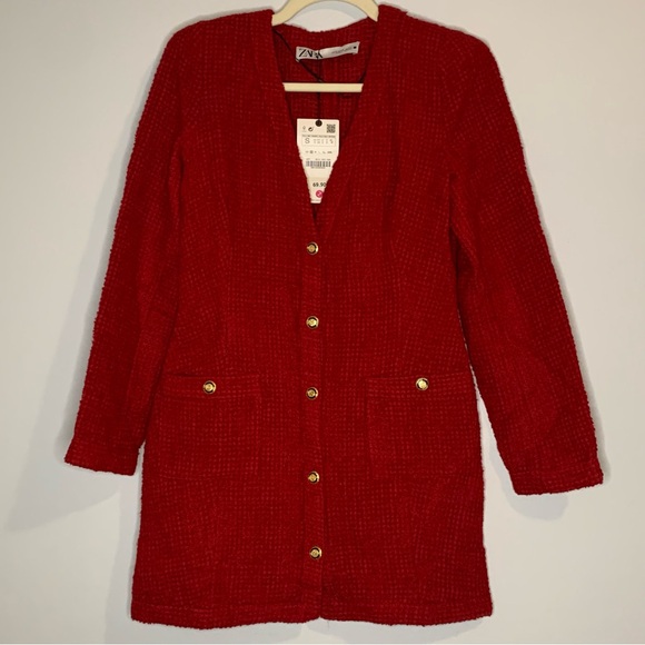 Zara Dresses & Skirts - Zara Red Textured Long Sleeve V-neck Vintage Dress